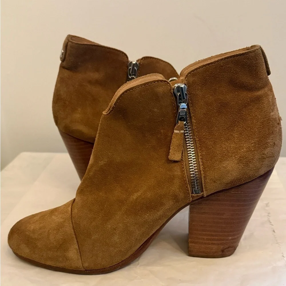 Rag & Bone Margot Tan Suede Side Zip Stacked Heel Ankle Boots Size 10